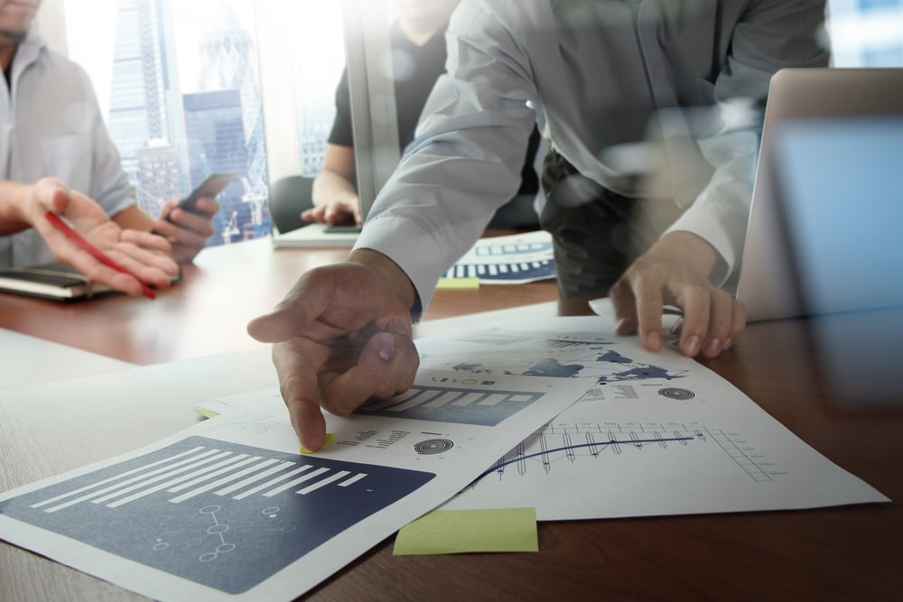 Double exposure of businessman hand working with new modern computer and business strategy as concept-3